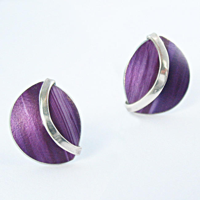 SH1 Half circle dome stud earrings with silver curve in purple