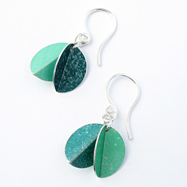 FO1 Double folded oval drop earrings in green/petrol blue