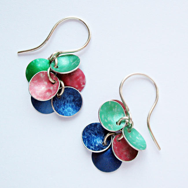 CD18 Six concave disc drop earrings in green, peach and indigo