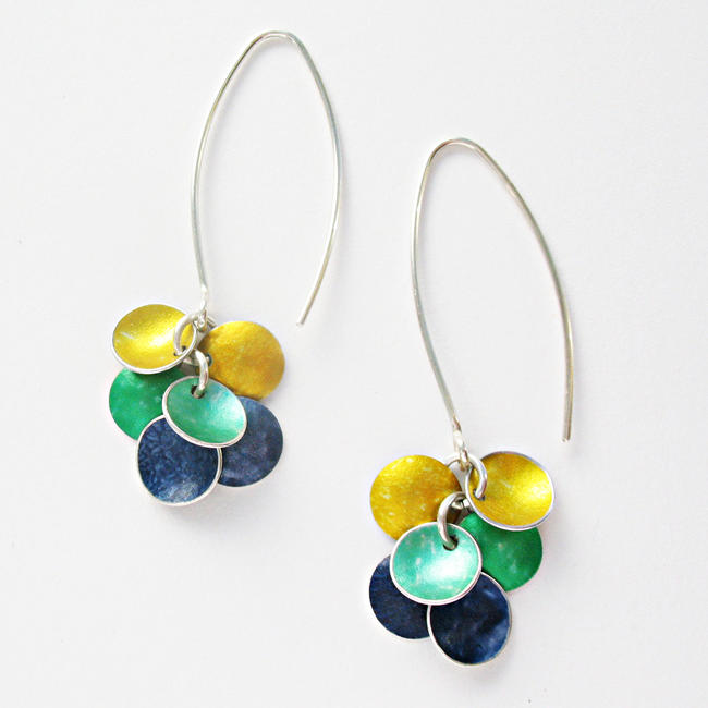 CD21 Six concave disc drop earrings in yellow, green and indigo