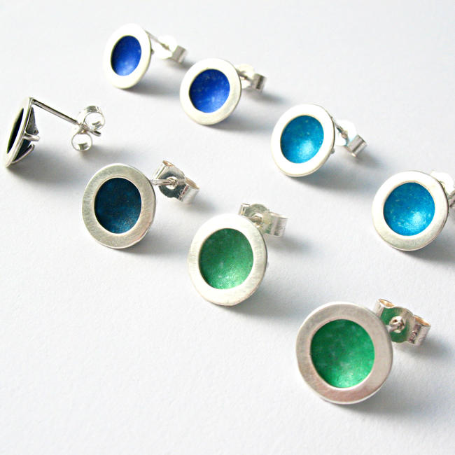 OR1 Silver circle stud earrings in petrol blue, green, royal blue and turquoise