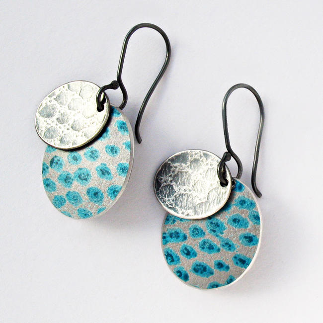 TS2 Drop earrings in silver and petrol blue spot print