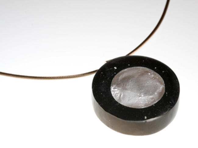 Necklace, black and clear glass with silver