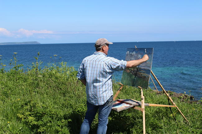 Me working with my take it easel, in Portscatho, Cornwall