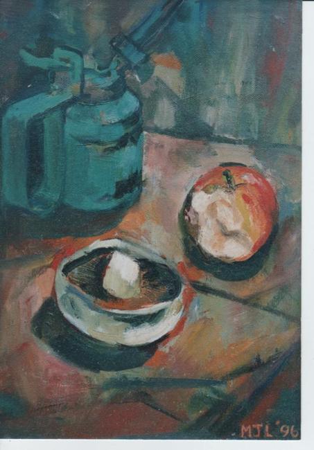 Oil can, apple and mushroom