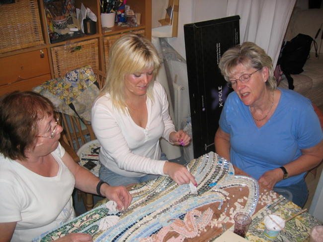 Making the Waterbaby Mosaic , with Julia, and Hazel.