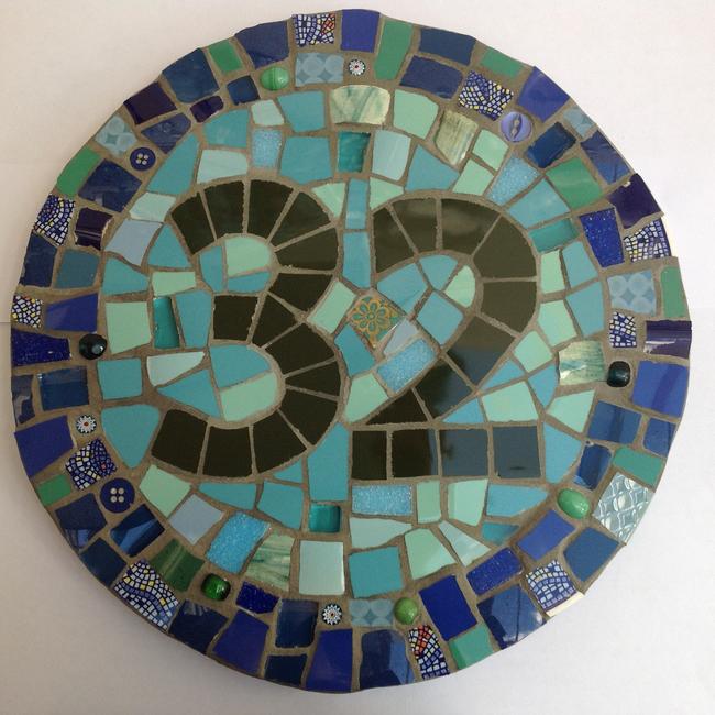Mosaic House Number 32 in Blues and Greens