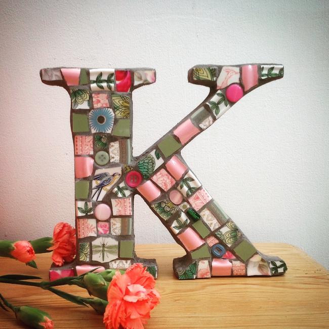 Mosaic Letter K in Pinks and Greens