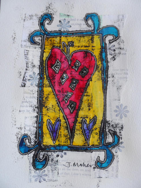 Red heart blue frame monoprint