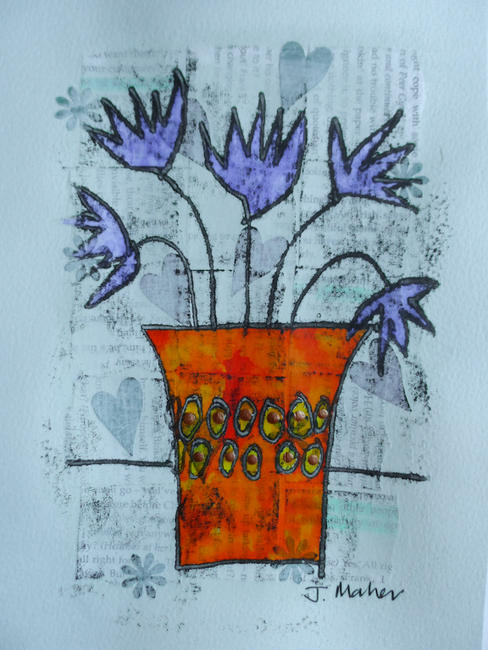 Blue flowers, orange vase