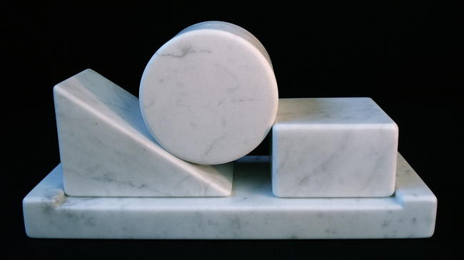 suspended between the irresistible force and the immovable object, carrara marble, ht. 122mm, £poa