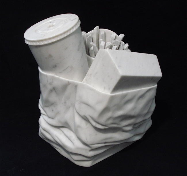 'Fast Food', hand carved Carrara marble, life-size. Sold to private collection.