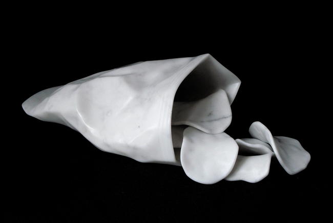 'Crisp Packet', hand carved Carrara marble, life-size. Sold to private collection.
