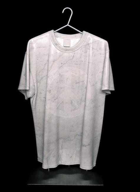 'Peacemaker - the t-shirt', hand carved Carrara marble on stainless steel base, life-size, 880 x 510 x 300mm. Sold to private collection.