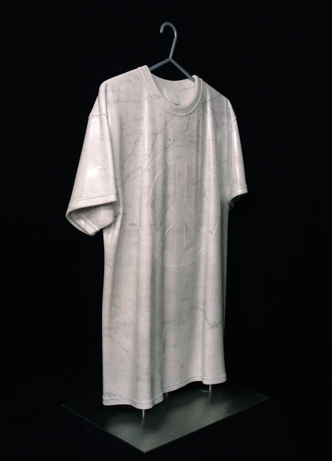 'Peacemaker - the t-shirt', hand carved Carrara marble on stainless steel base, life-size, 880 x 510 x 300mm. Sold to private collection.