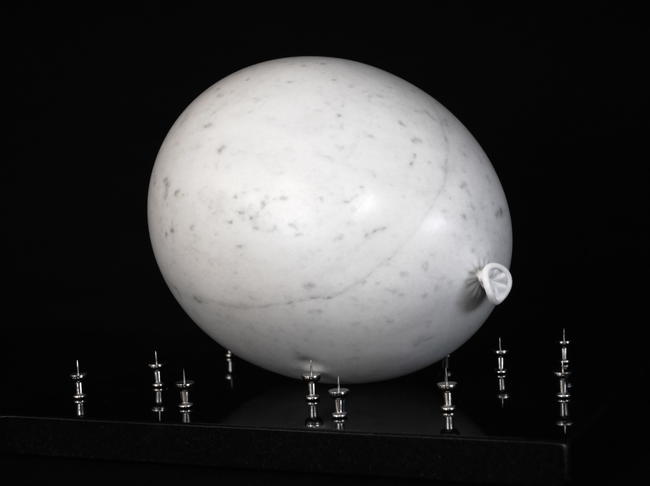 'The Delicate Nature of Being', hand carved Carrara marble, on granite base with metal push pins, 297 x 236 x 200mm. £POA.