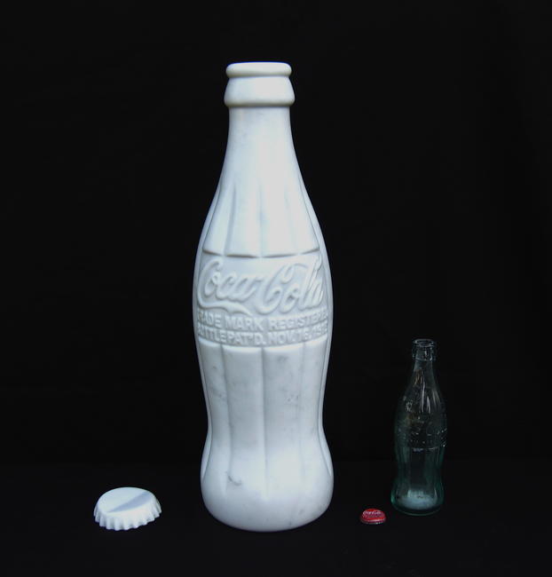 '1915 Coca-Cola bottle', hand carved Carrara marble, 2.5 x life-size, 488 x 151mm. Sold to corporate collection.