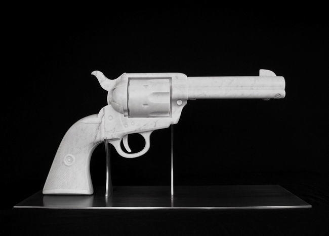 'Peacemaker - the gun', Colt 45 Peacemaker, carved Carrara marble, 3 x life size 776 x 401 x 125mm. Sold to private collection.