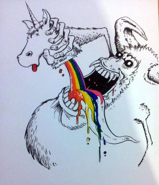 Demon drinking the blood of a unicorn
