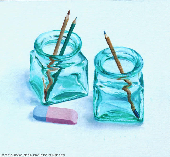 Two jars, three pencils and an eraser.