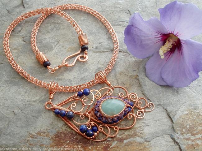 Peacock feather Necklace - Amethyst, Amazonite, Lapis Lazuli and Copper