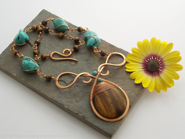 Mermaids Tear Drop Necklace - Bronze and Turquoise with Tigers Eye