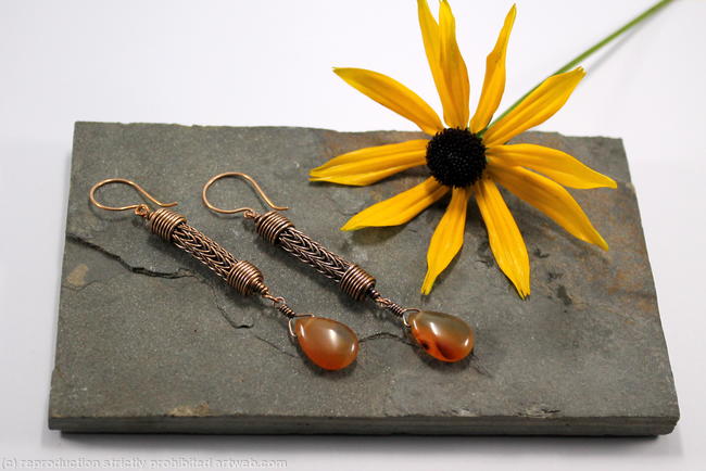 Viking knit Droplet earrings - Bronze and Natural Agate