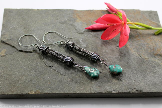Viking knit Droplet earrings - Sterling Silver and Turquoise
