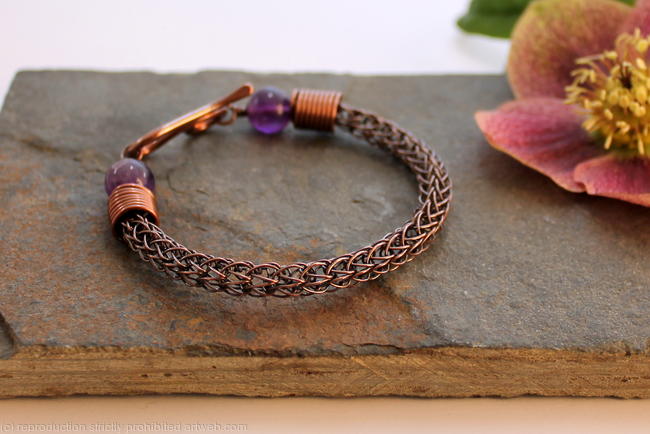 Viking knit bracelet - Copper wire and Amethyst