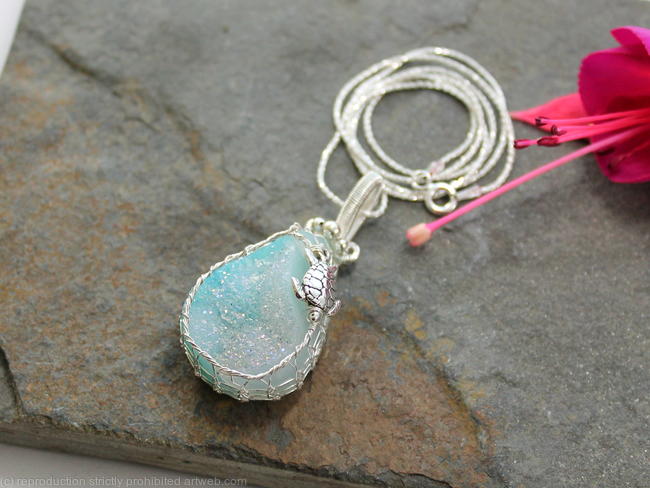 Blue Druzy Agate Pendant - Viking Knit Bezel with Turtle In Sterling Silver