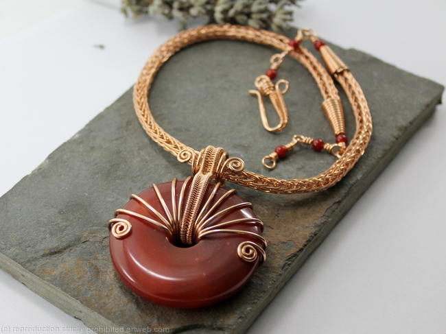 Alkebulan - Bronze Viking knit chain with natural red agate wire wrapped donut