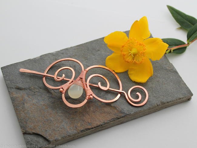 Embellished Double Spiral Hair Barrette - Copper and Green Striped Onyx - Hair clip - small