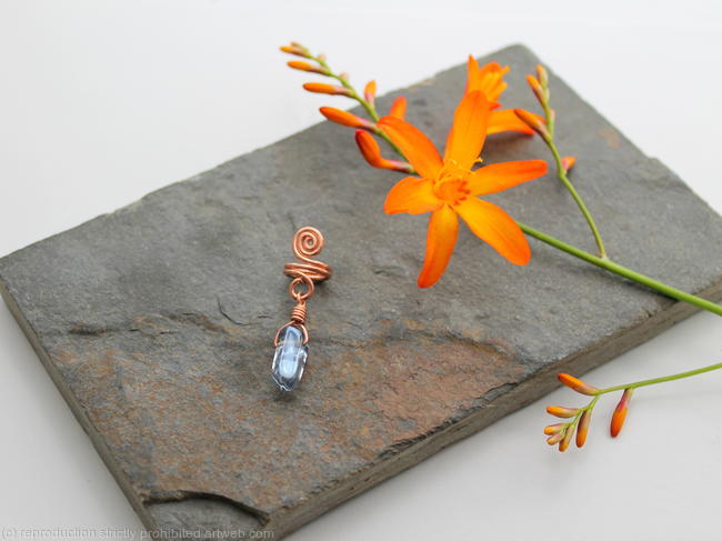 Spiral with small blue Crystal Quartz dangle Beard, Dreadlock or braid ring or bead - Shiny Copper - Medium