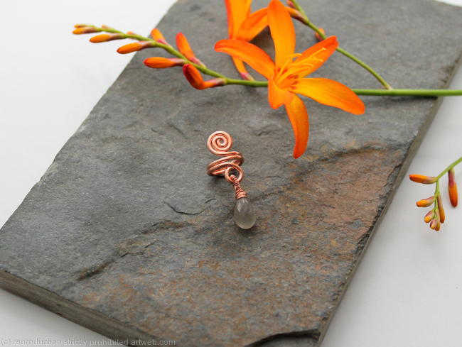 Spiral with Grey Moonstone dangle Beard, Dreadlock or braid ring or bead - Shiny Copper - Medium