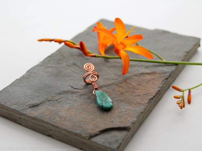 Spiral with Turquoise dangle Beard, Dreadlock or braid ring or bead - Shiny Copper - Medium