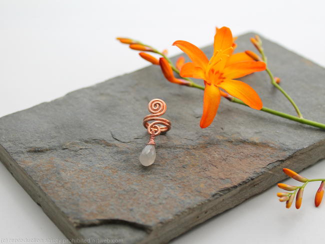 Spiral with White Moonstone dangle Beard, Dreadlock or braid ring or bead - Shiny Copper - Medium