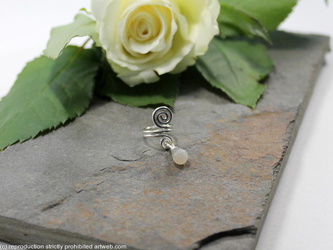 Spiral with White Moonstone dangle Beard, Dreadlock or braid ring or bead - Shiny Sterling silver - Medium