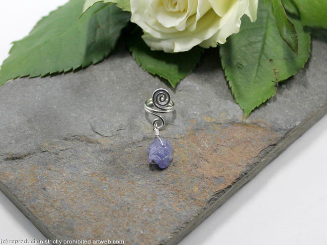 Spiral with Tanzanite dangle Beard, Dreadlock or braid ring or bead - Shiny Sterling silver - Medium