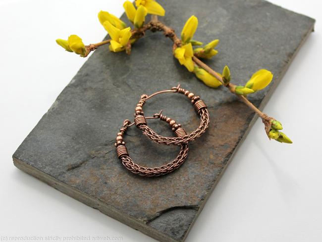 Viking knit Hoop earrings - Copper with beads wire hoop earrings