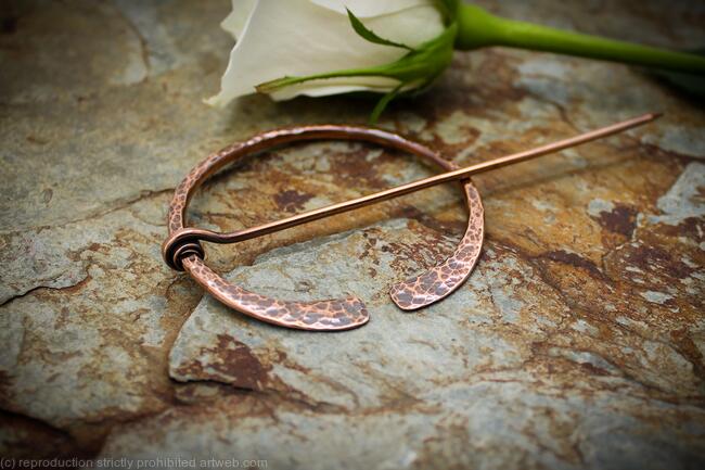 Handmade Penannular Brooch - ball textured Copper - extra large - Historical Reenactment - Celtic , Viking or Scottish pin