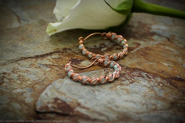 Copper Hoop Earrings with Amazonite, Handmade Wire Wrapped Gemstone Hoops