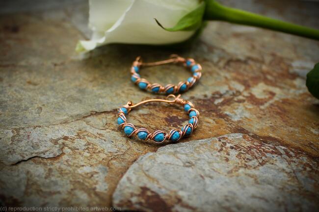 Copper Hoop Earrings with Turquoise, Handmade Wire Wrapped Gemstone Hoops