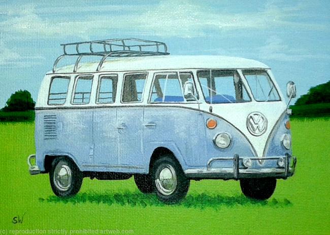 Light Blue Classic Camper Van Mini Painting