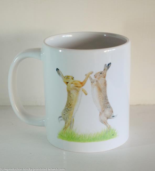 Boxing hares (drawing) Mug