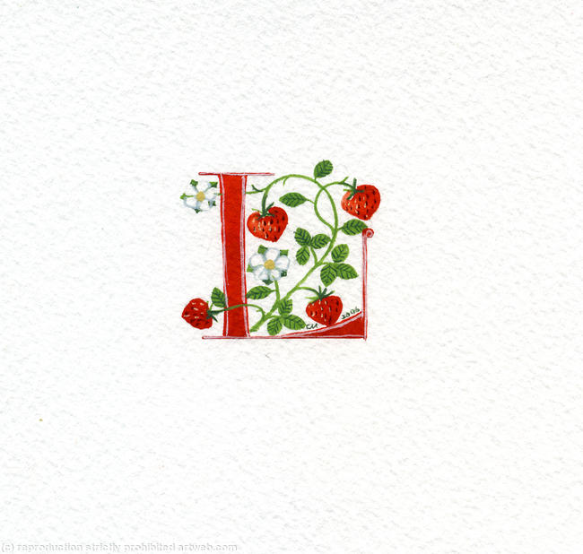 Initial letter L with strawberries handpainted on watercolour paper