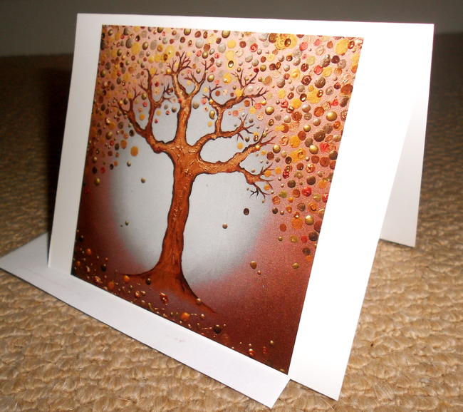 A premium glossy folded card. Print of my painting, 'Coppery Magical Tree' Blank inside. Comes with white envelope and cellophane sleeve.