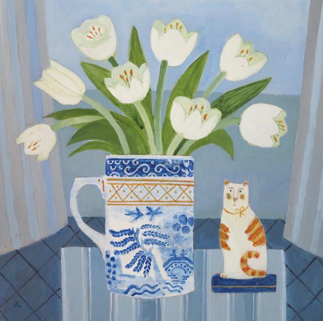 Tulips in a willow patterned jug