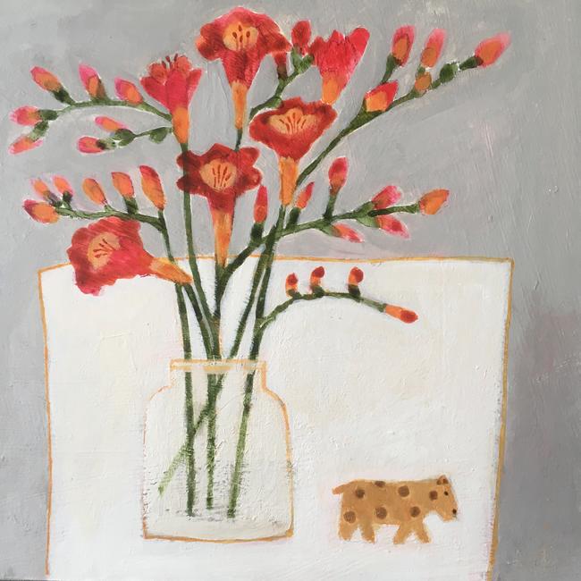 Freesias and Little Dog