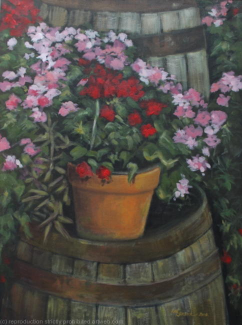 Planted pot on wine barrel