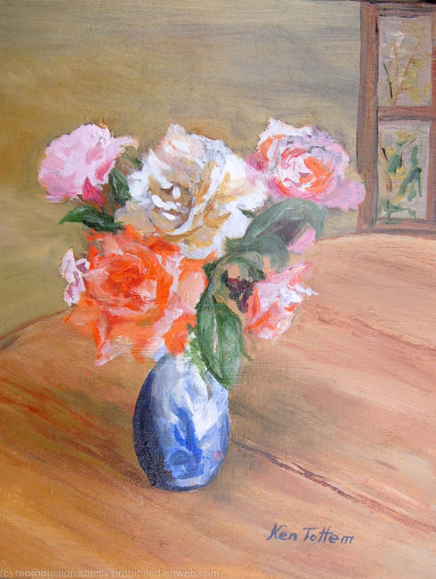 Roses in a blue white vase